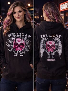 Dilligaf Black Pullover Hoodie with Pink Skull Graphic